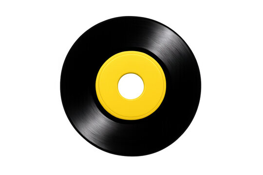 Black 45 rpm vinyl record with yellow label transmitting retro sound and nostalgic music on transparent background