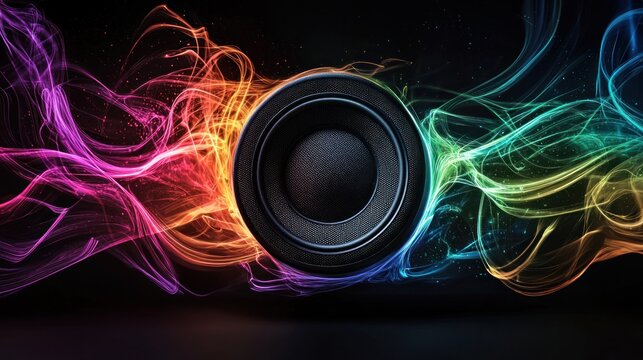 A vibrant, colorful, abstract background with a speaker in the center, emitting a rainbow of colors. - Powered by Adobe