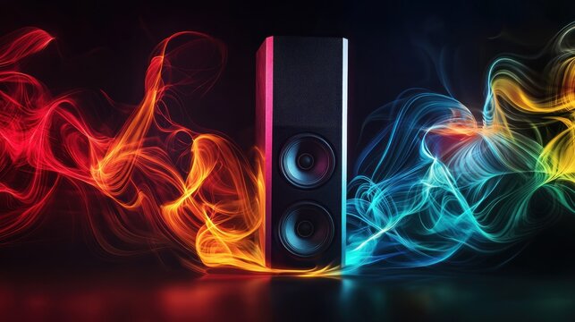 A vibrant, colorful, abstract background featuring a speaker with red, blue, and yellow waves and flames.