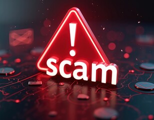 Red warning triangle with the word scam and exclamation mark alerts user to digital threat. Online fraud icons signify cyber danger. Modern tech alerts for internet danger.