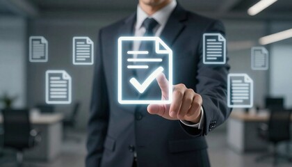 businessman in a suit reaching out his hand to touch a glowing white holographic icon of a document with a checkmark floating in the air
