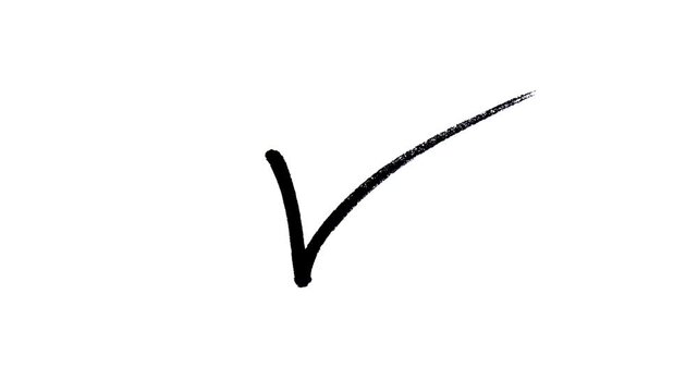 Hand drawn black ink brush stroke check mark animation on white background symbolizing success approval and task completion for creative business presentations and videos.
