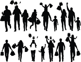Obraz premium A collection of black silhouettes of families and individuals engaged in holiday shopping, carrying gift bags and presents.