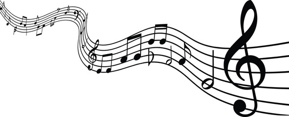 Flowing musical notes with treble clef, abstract sound wave melody vector illustration, classic music notation design isolated on white background
