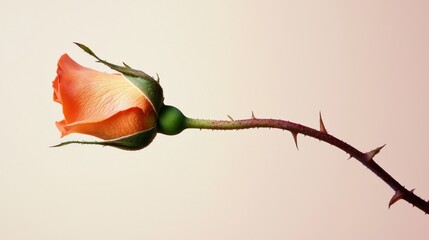 A single orange rose bud with thorns on a beige background.