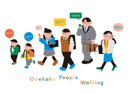 電話や様々な会話をしながら通勤通学する人物たちのイラスト素材セット