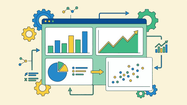 Digital data analysis and visualization dashboard with various charts and gears