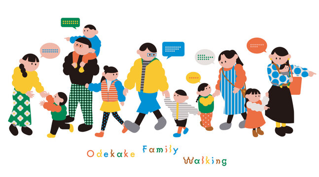 楽しく会話をしながら並んで歩く様々なファミリーのイラスト素材セット