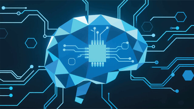 Illustration Of A Geometric Style Mechanical Brain, Composed Of Triangles, Hexagons, And Data Lines Vector Design Template