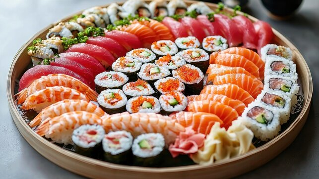 A colorful sushi platter with various types of sushi and seafood, including nigiri, maki, and sashimi, arranged on a wooden tray.