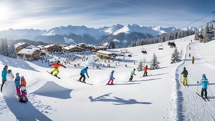 Busy Ski Resort Panorama with Skiers and Snowboarders Jumping