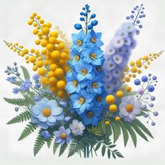 Blue, white, and yellow flowers