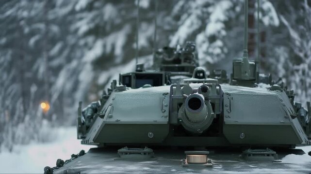 Heavy tracked vehicle front view snowy forest