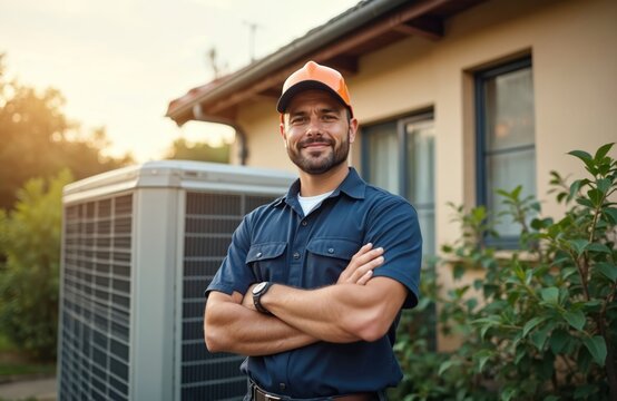 Smiling repairman stands arms crossed near outdoor AC unit. HVAC technician wears blue uniform, orange cap. He offers cooling system check and maintenance services.