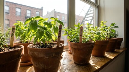 Row of Potted Herbs Growing on a Sunny Windowsill.
