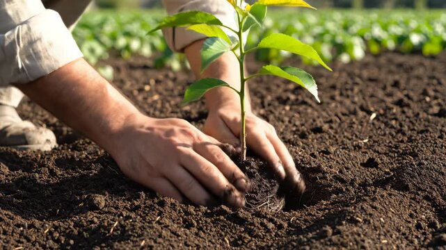 Person planting a young plant in soil