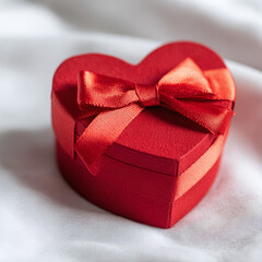 red heart shaped gift box with bow knot, generative ai