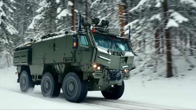 Armored 8x8 vehicle driving through snowy forest road