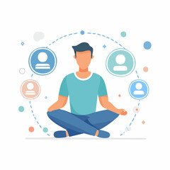 Meditating figure with network of connections depicted in graphic illustration