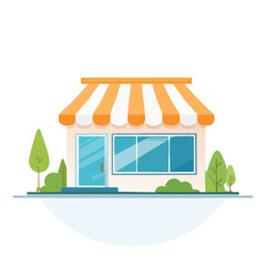 Cartoon shop front illustration with orange striped awning and green trees