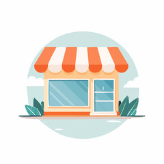 Cartoon shop front illustration with orange striped awning and glass windows