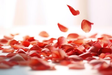 Red rose petals fall gently on a flat surface during a romantic event in a soft light setting