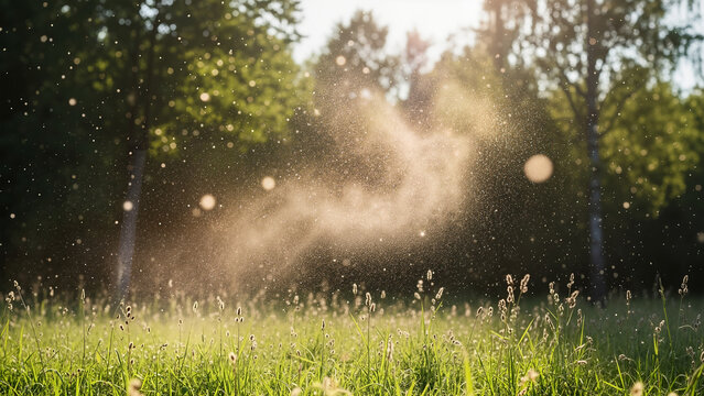 Sunlight illuminating an Airborne pollen cloud in a summer forest meadow causing hay fever.