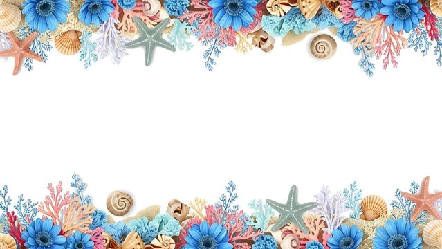 Vibrant ocean border with colorful coral, seashells, and starfish on white background