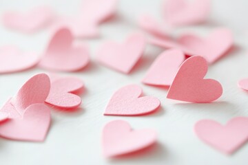 Small pink paper hearts are scattered on a light surface for decoration or celebration events in the afternoon