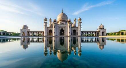 Fototapeta premium Majestic mosque with symmetrical architecture reflected in a serene water pool under blue sky.