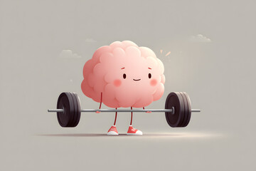 Cute cartoon brain lifting weights in gym - mental growth, fitness and intelligence illustration