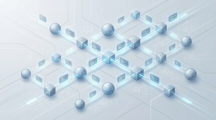 Abstract Digital Network of Cubes and Spheres with Glowing Blue Connections on a White Background