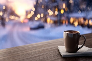 Obraz premium A steaming coffee mug rests on a wooden tabletop, with warm bokeh lights and a snowy evening backdrop. nearby