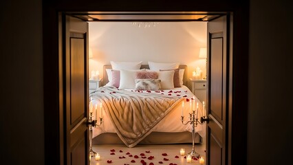 A romantic bedroom setup with candles and rose petals on the bed