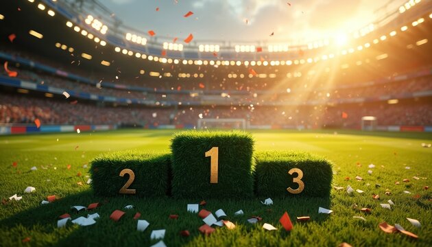 Soccer stadium podium for 1st 2nd 3rd place winners. Green grass awards stage with golden numbers. Confetti falls over field during celebration event. Bright sun shines through stadium lights.