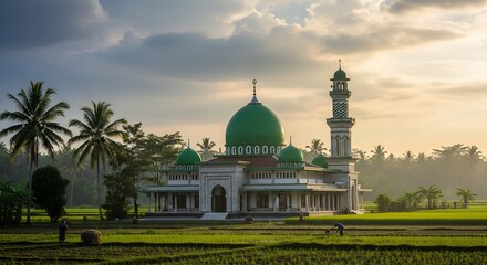 Obraz premium Majestic Mosque with Green Dome and Minaret surrounded by Lush Rice Paddies at Golden Hour Sunrise