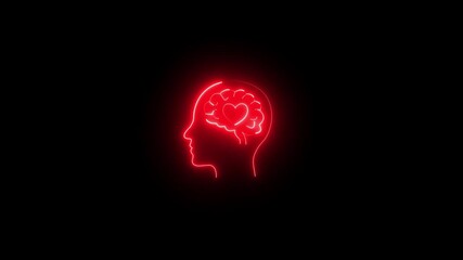 Glowing neon Healthcare professional interacting with digital, swiping and typing, revealing mental wellness concept through brain icon with heart symbol on adhesive against black background .