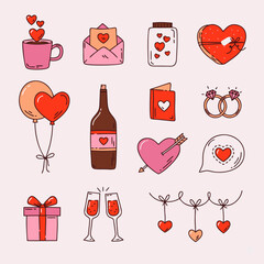 Doodle-style Valentine's Day love and romance icon set