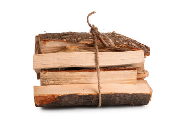 Fototapeta premium Stack of firewood logs tied with rope on white background