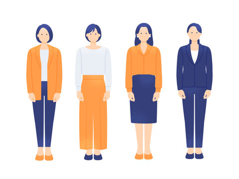 スーツやオフィスカジュアルな装いの女性。清潔感のあるビジネスウーマンが集合しているイラスト素材。