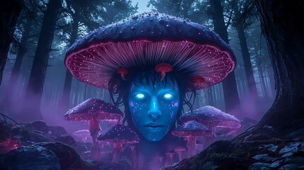 Surreal Fantasy Portrait of a Woman with Glowing Eyes and Giant Bioluminescent Mushrooms in a Dark Enchanted Forest
