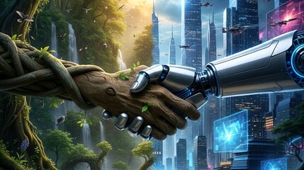 Futuristic Concept of Ecology and Artificial Intelligence Unity with Waterfall Jungle and Cyberpunk City Background