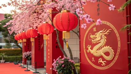 Vibrant red lanterns and cherry blossoms adorn a festive scene celebrating the Lunar New Year.