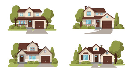Collection of four different two-story suburban house designs featuring garages and landscaped gardens with green trees and bushes.