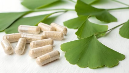 Natural herbal supplements with fresh ginkgo leaves, promoting health and wellness.