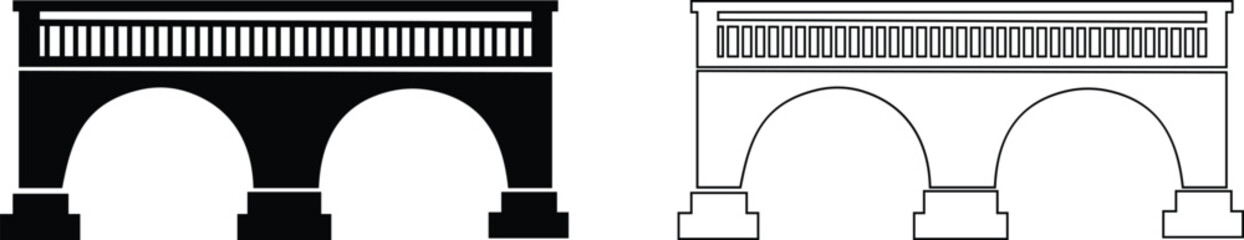 Bridge icons set collection with arch suspension truss viaduct structures in flat and line style, transportation infrastructure outline illustration group for city map UI design