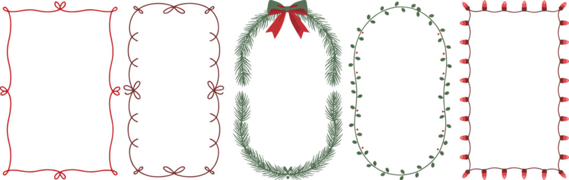 Set of festive Christmas decorative borders and frames featuring pine wreath with red bow and holiday lights for winter greeting cards isolated on transparent background.