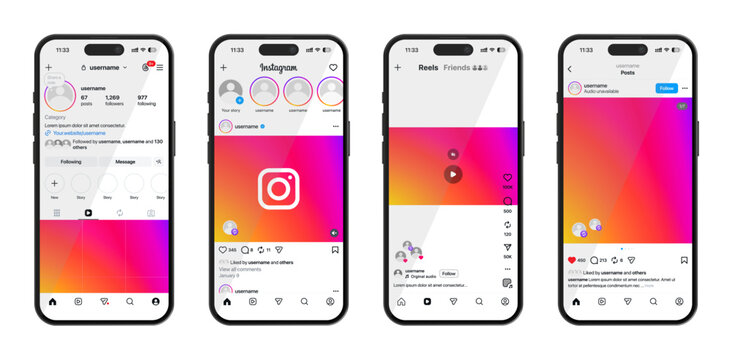 Instagram UI mockup 2026 update template including profile, home page, post, and reels screens with transparent and green screen layouts, shown on iPhone 17 Pro.