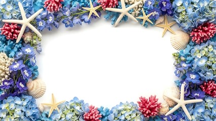 Vibrant ocean-inspired frame with starfish and seashells on white background