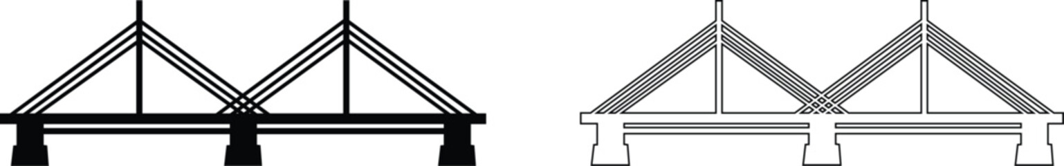 Bridge icons set collection with arch suspension truss viaduct structures in flat and line style, transportation infrastructure outline illustration group for city map UI design